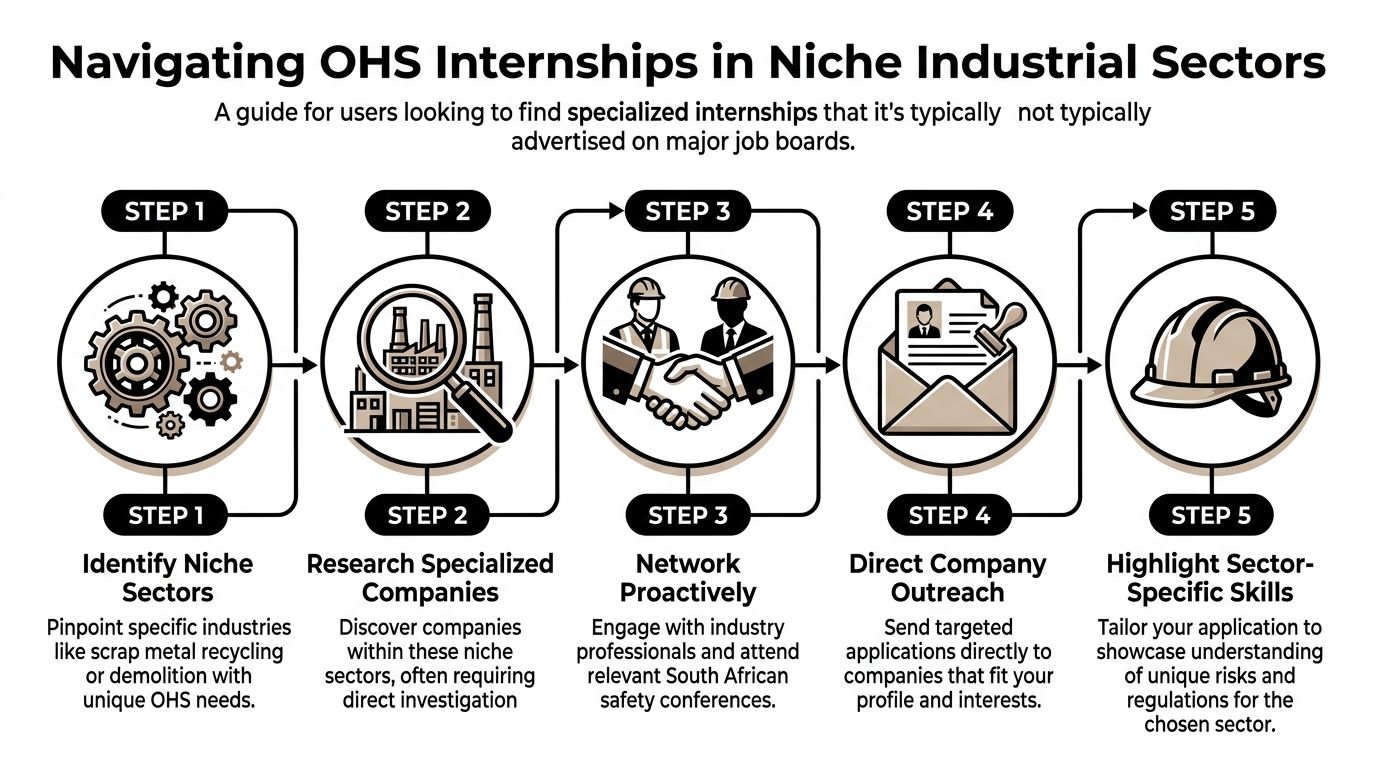 A flowchart outlining five steps to finding niche occupational health and safety internships in industrial sectors.