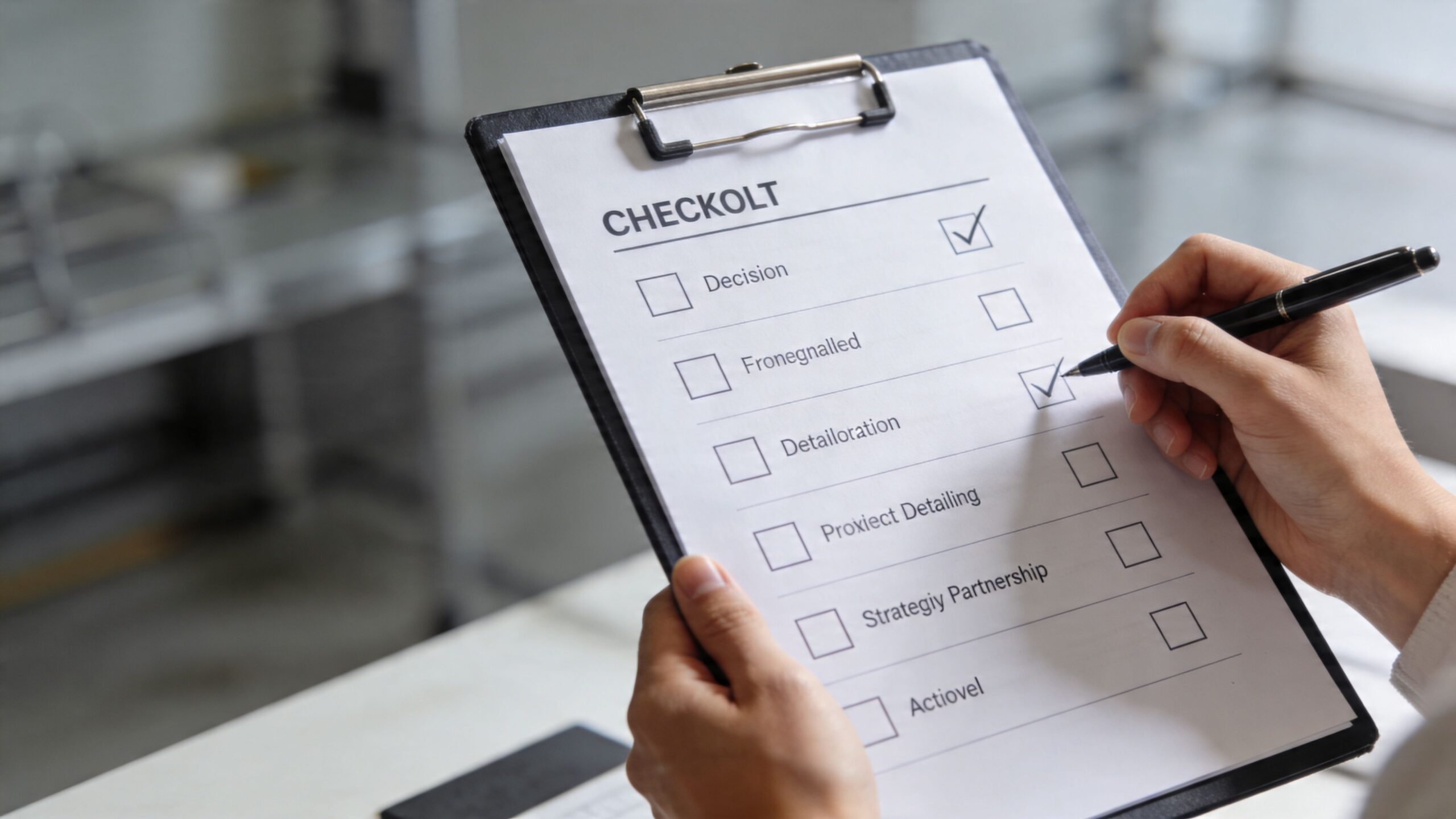 A person holding a clipboard with a checklist and using a pen to mark an item.