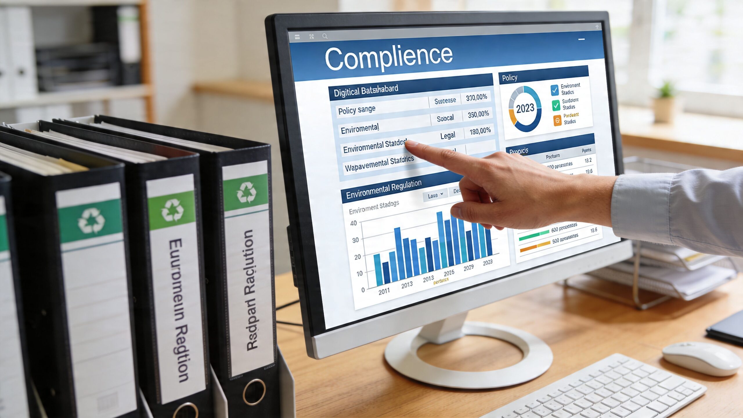 A professional analyzing environmental compliance data on a computer screen in an office with document binders.