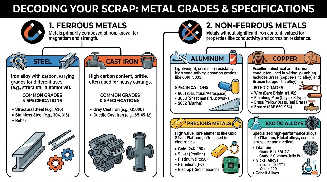 A detailed infographic titled Decoding Your Scrap categorizing metals into ferrous, non-ferrous, precious metals, and exotic alloys.