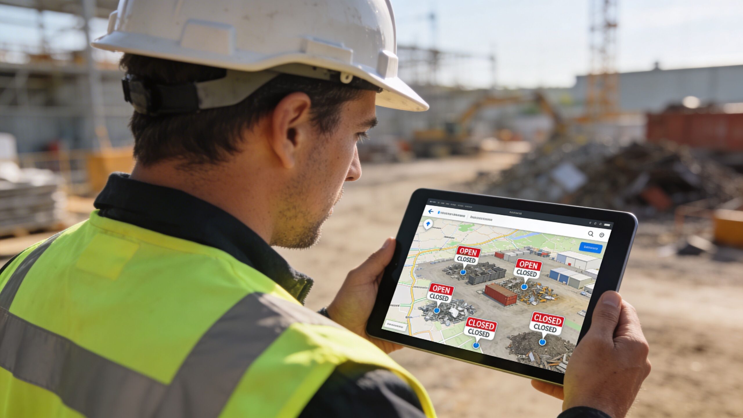 A construction worker in a safety vest checks a tablet showing an interactive map of a scrap yard.