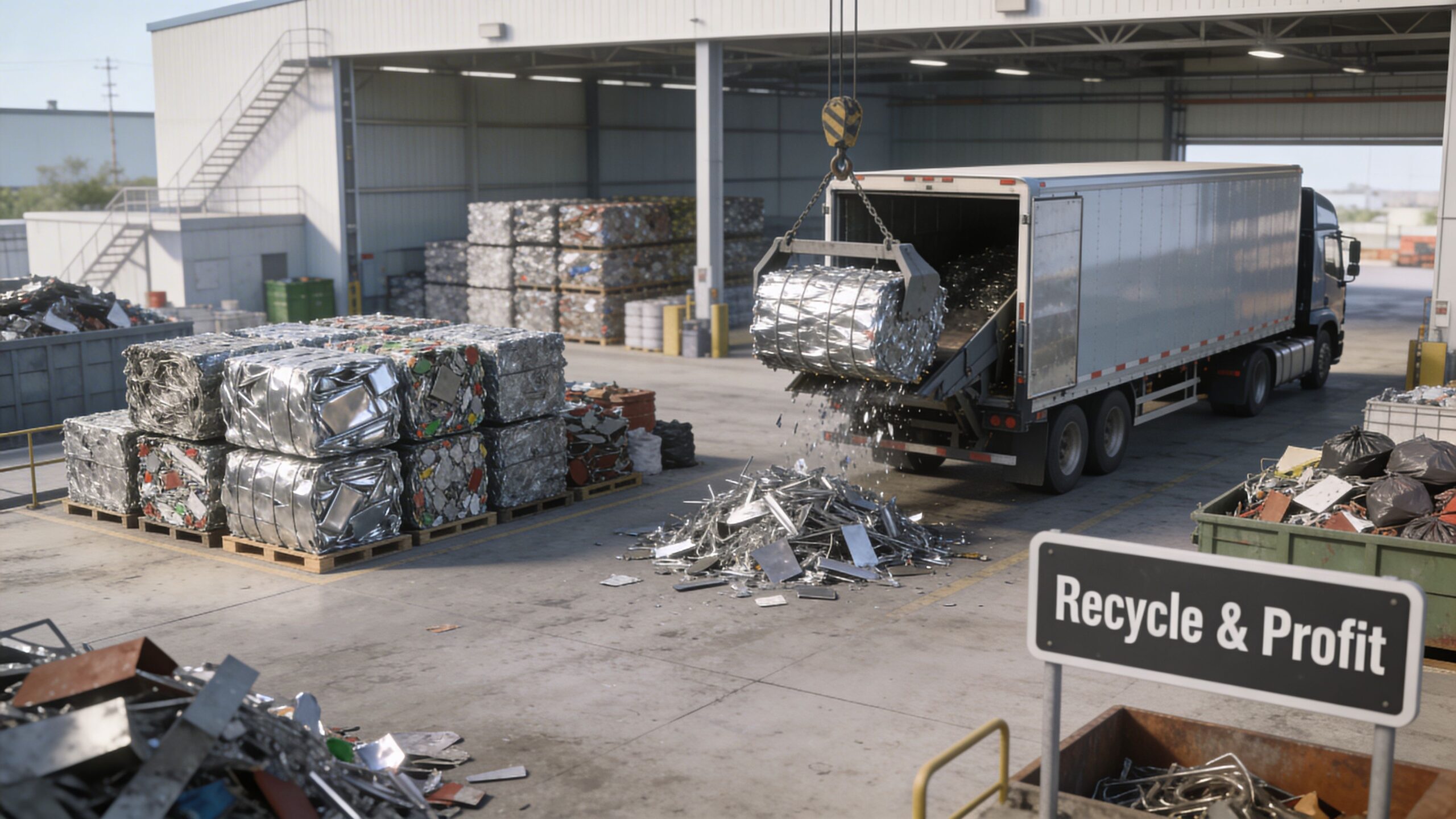 A crane loading a large metal cube of scrap into a delivery truck at a recycling center.
