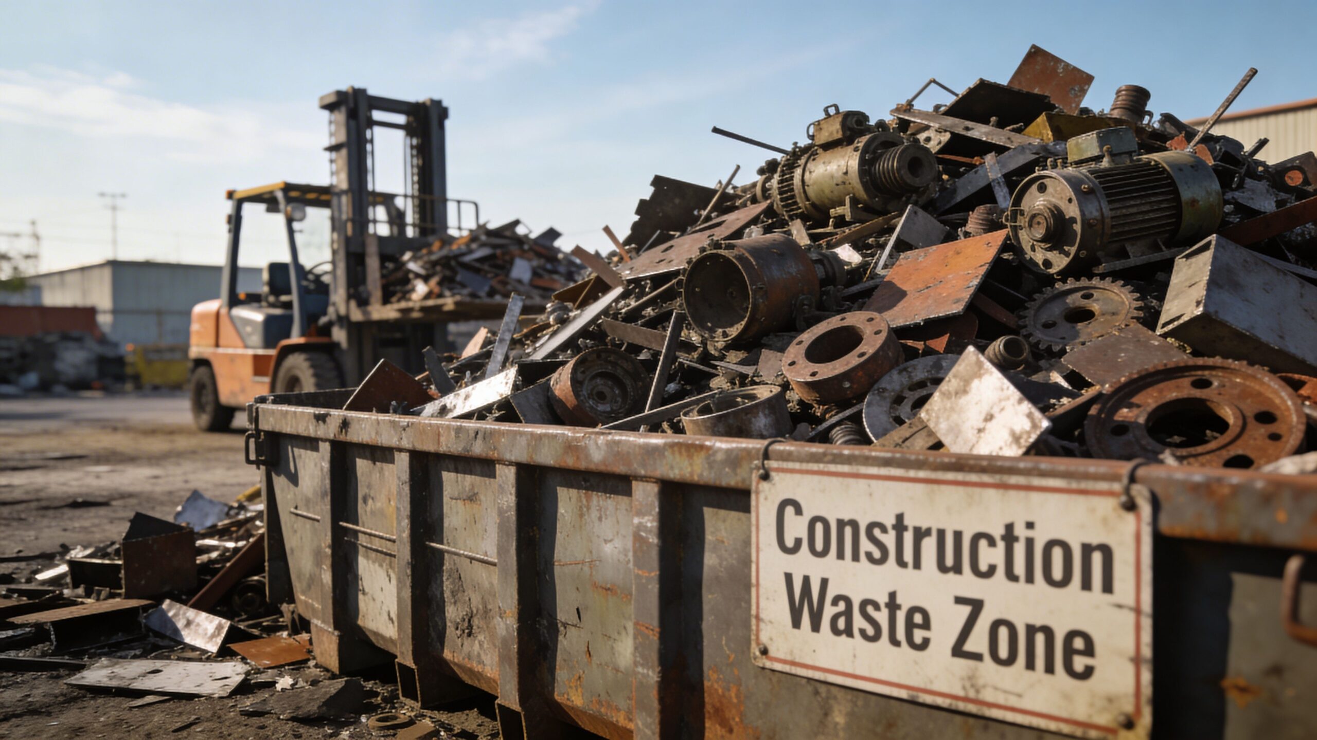 An industrial forklift parked near a large metal skip filled with scrap metal in a construction zone.
