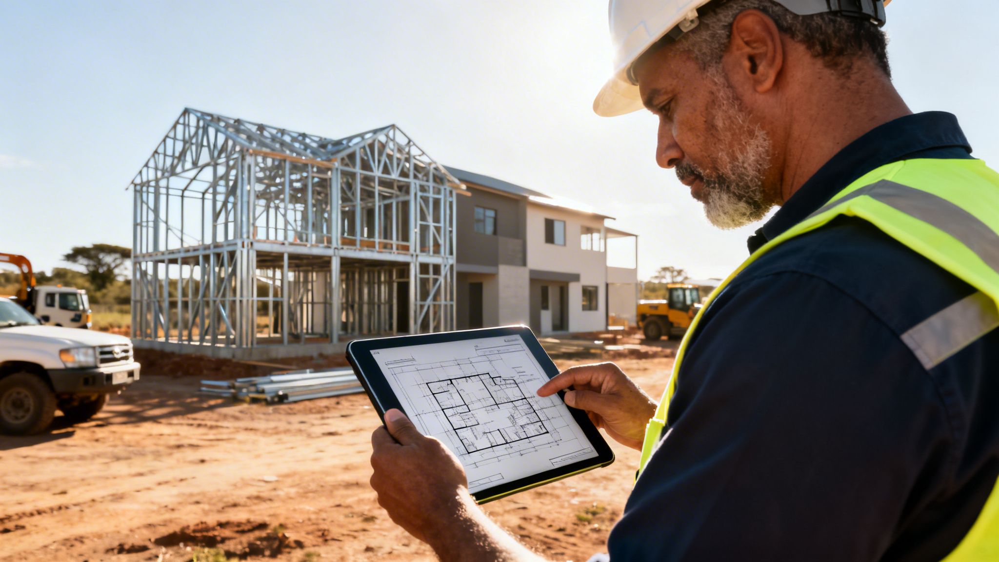 A construction manager holding a digital tablet with blueprints in front of a steel structure house.