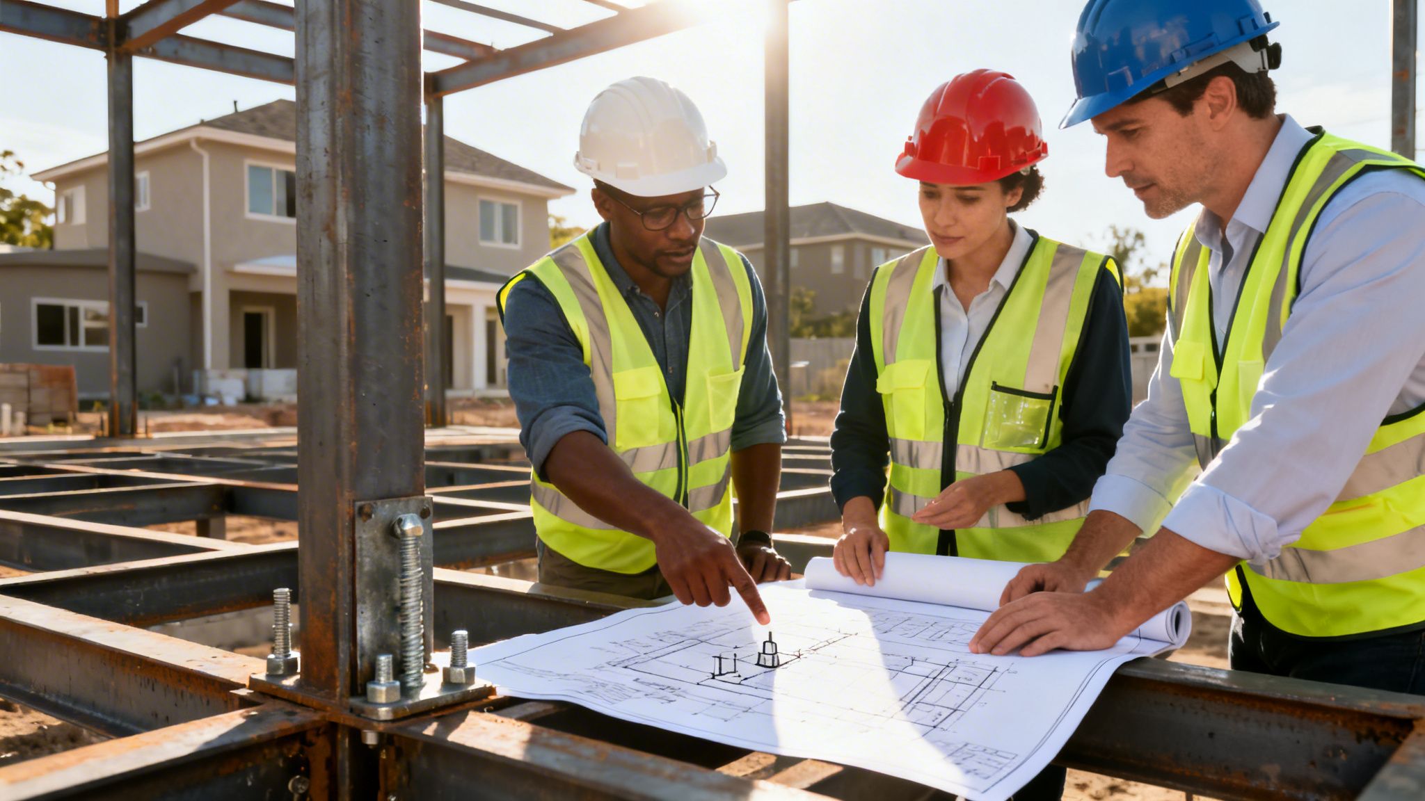 Three construction professionals reviewing building blueprints on a construction site for a steel structure house