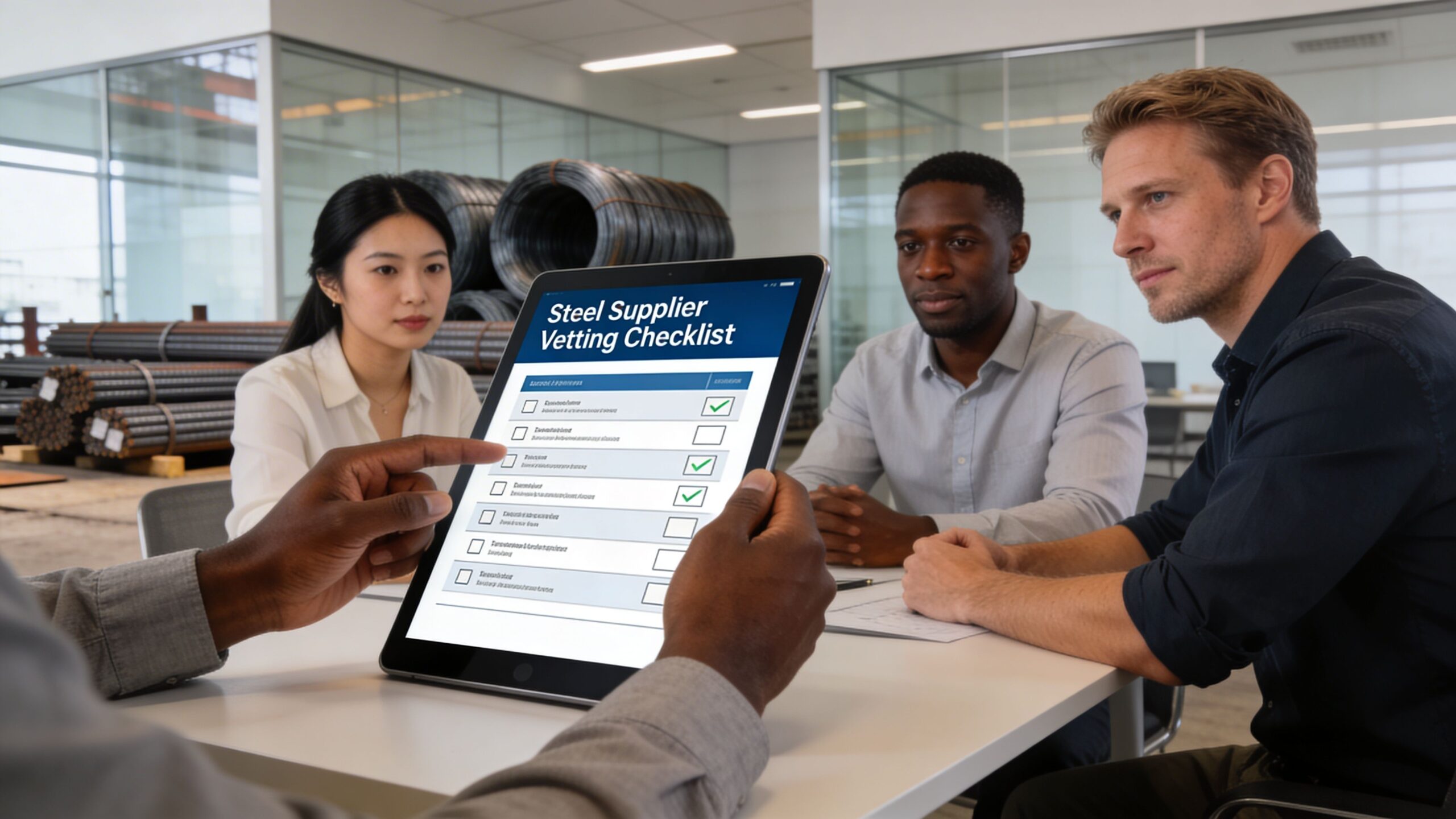 A diverse business team discusses a digital steel supplier vetting checklist on a tablet in an office.