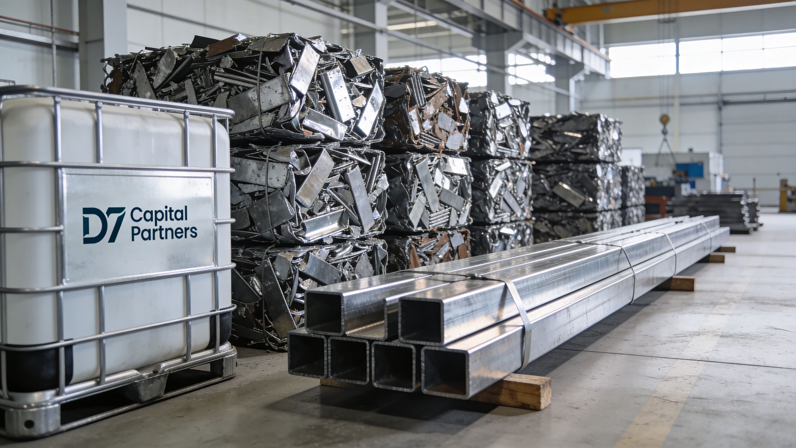 Industrial warehouse filled with metal scrap cubes and stacked square steel profiles near a large white tank.