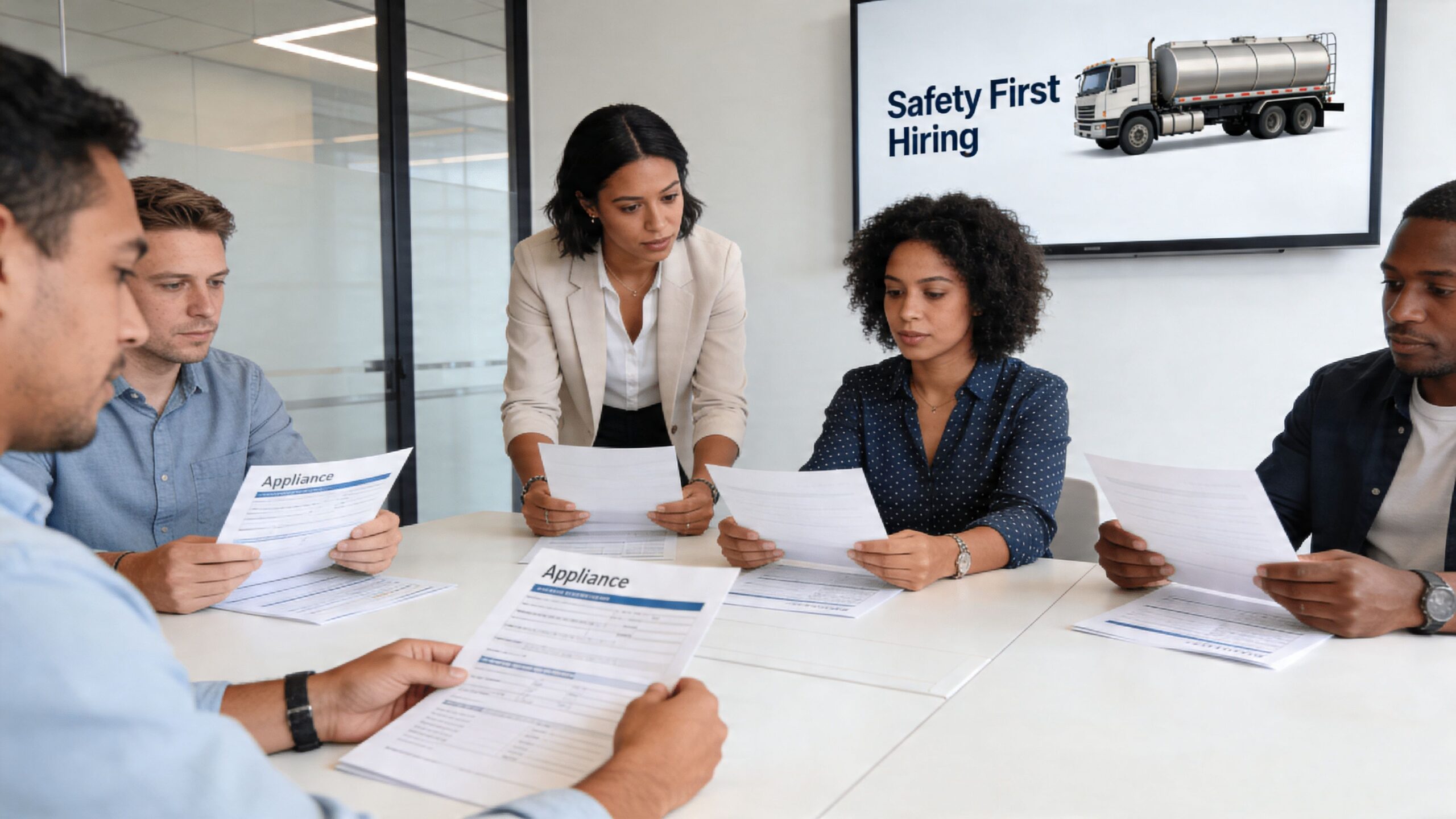 A group of diverse professionals reviewing job application documents during a team meeting in an office.
