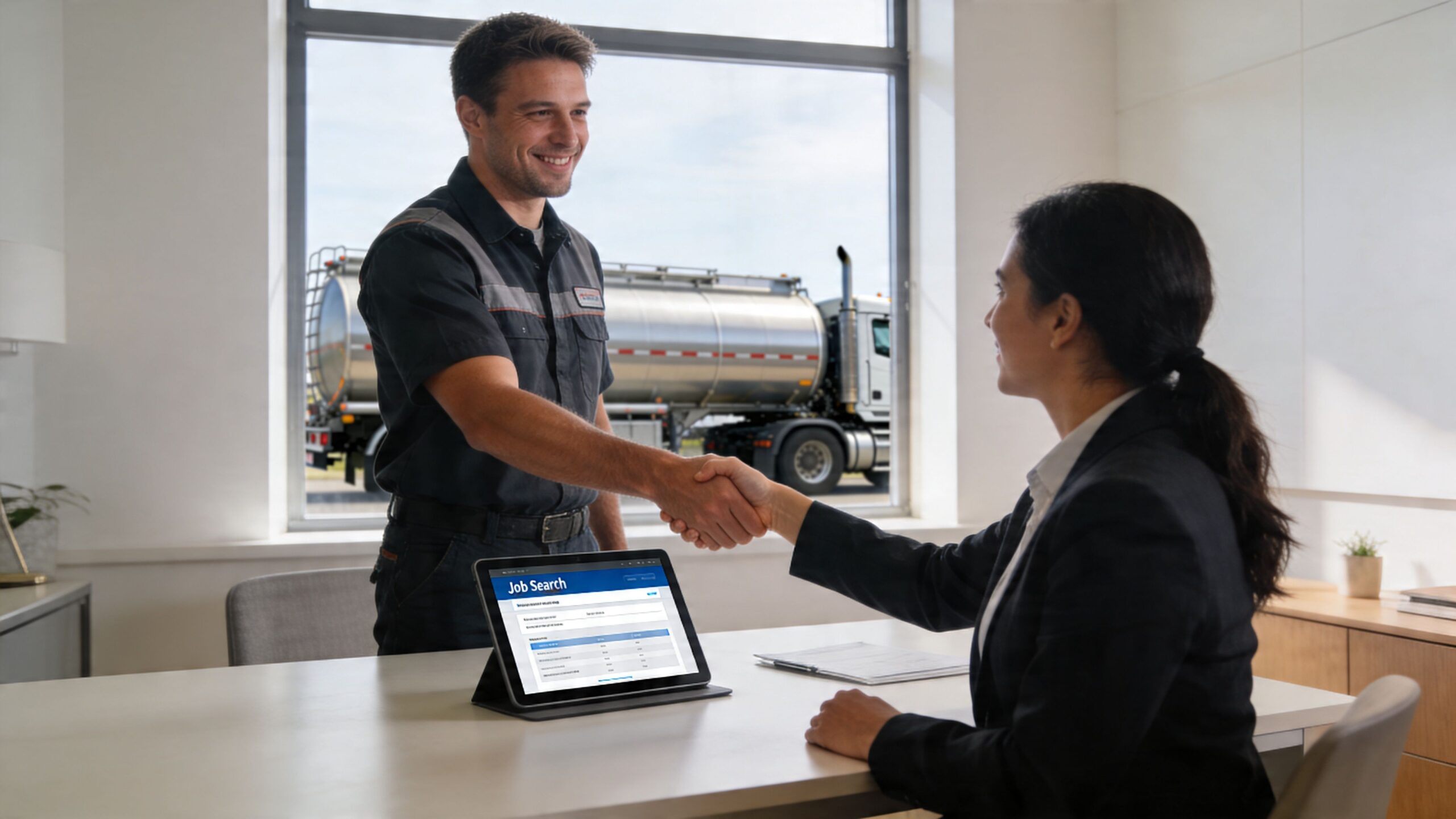 A professional tanker truck driver shaking hands with a woman in an office for a new job.