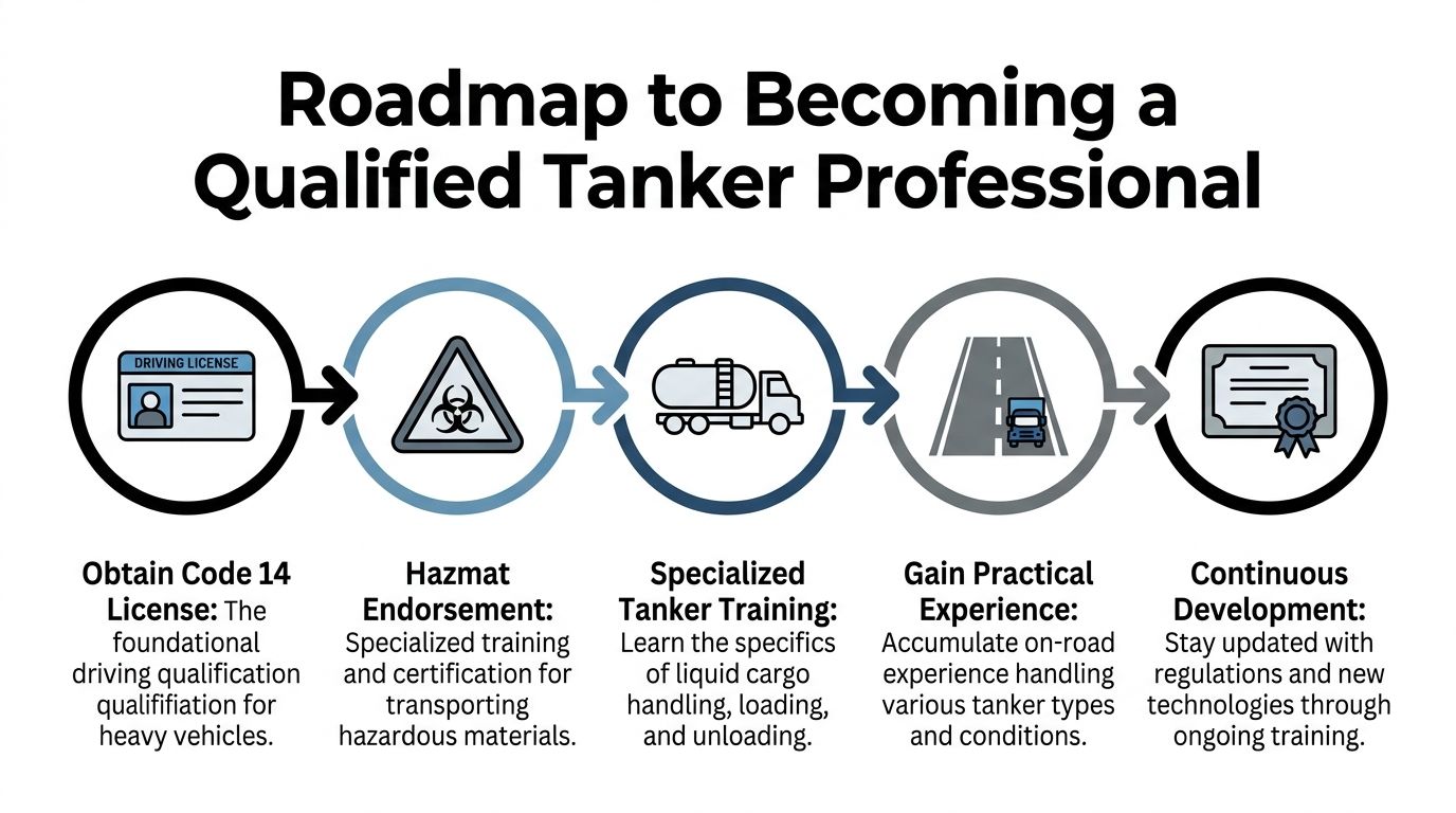 A flowchart showing the five steps to becoming a qualified tanker truck professional.