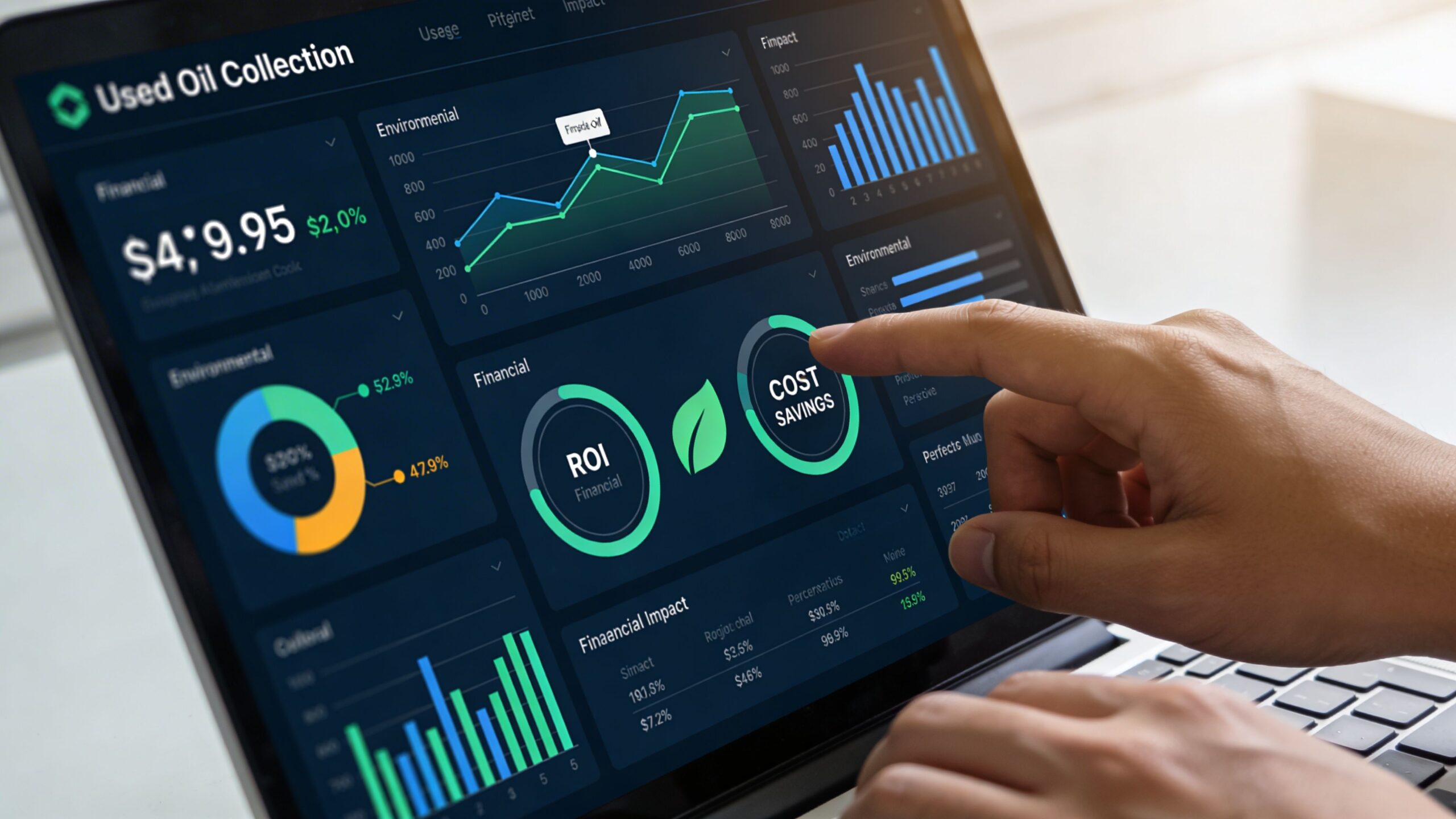 A professional analyzing used oil collection data and financial statistics on a digital laptop dashboard interface.