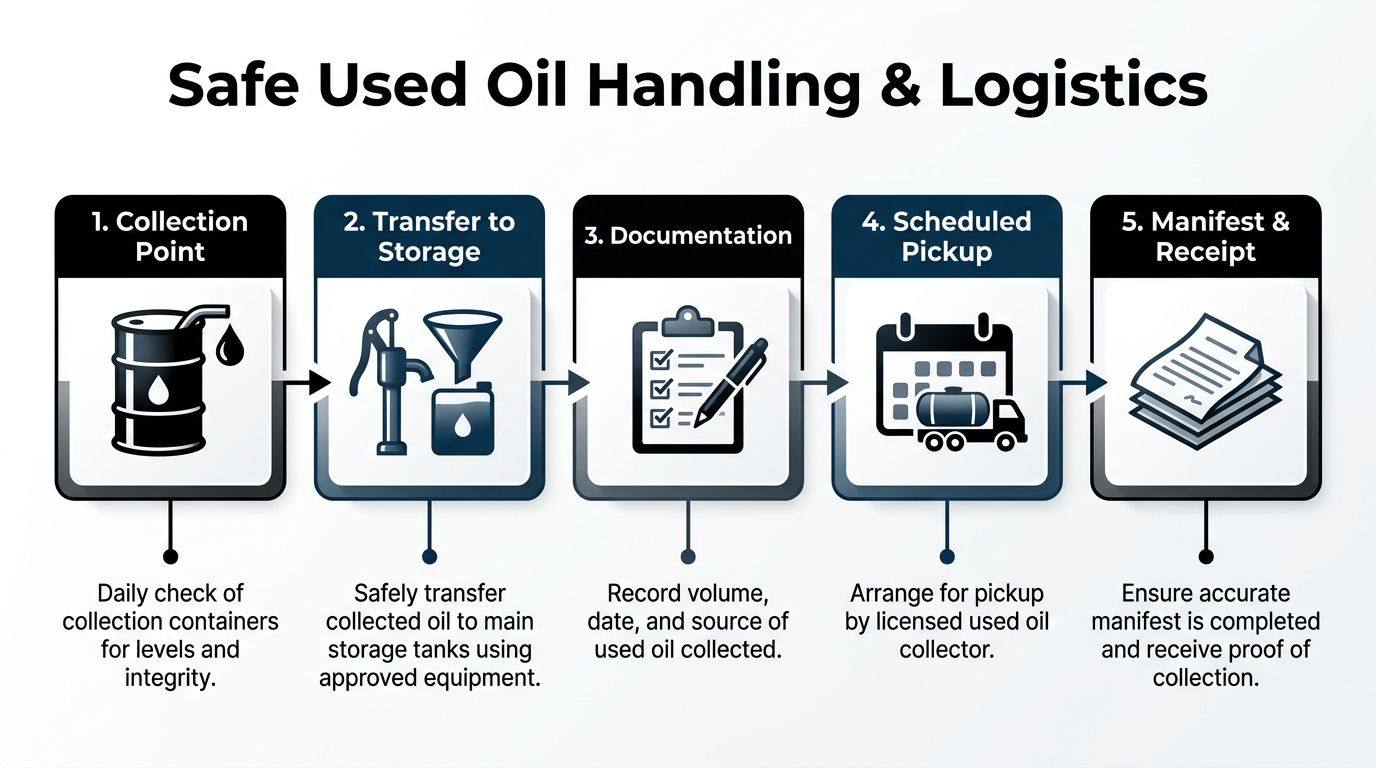 A flowchart showing the five steps of safe used oil handling and logistics in a facility.