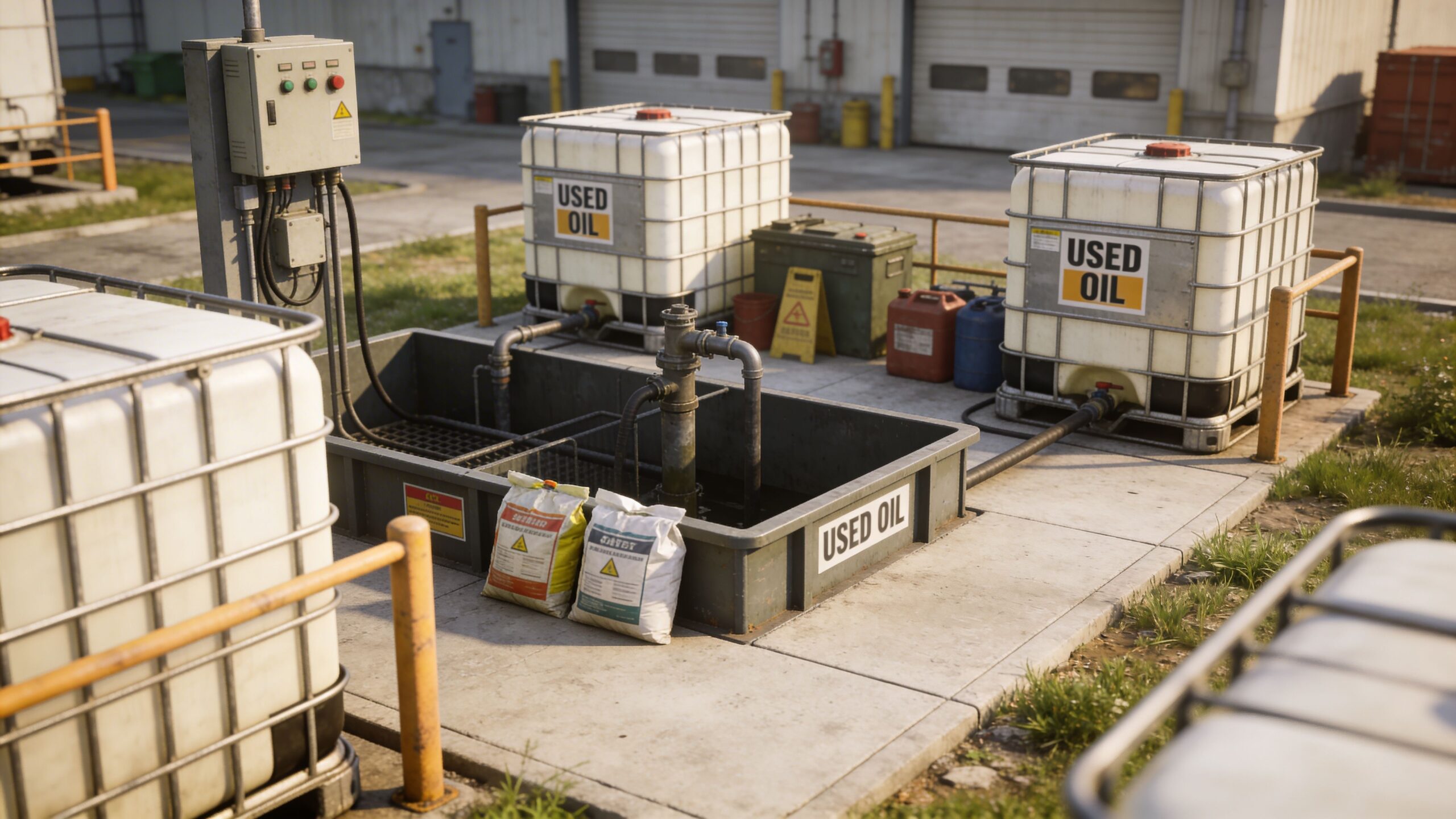 Large industrial containers labeled used oil placed in a collection area with piping and safety equipment.