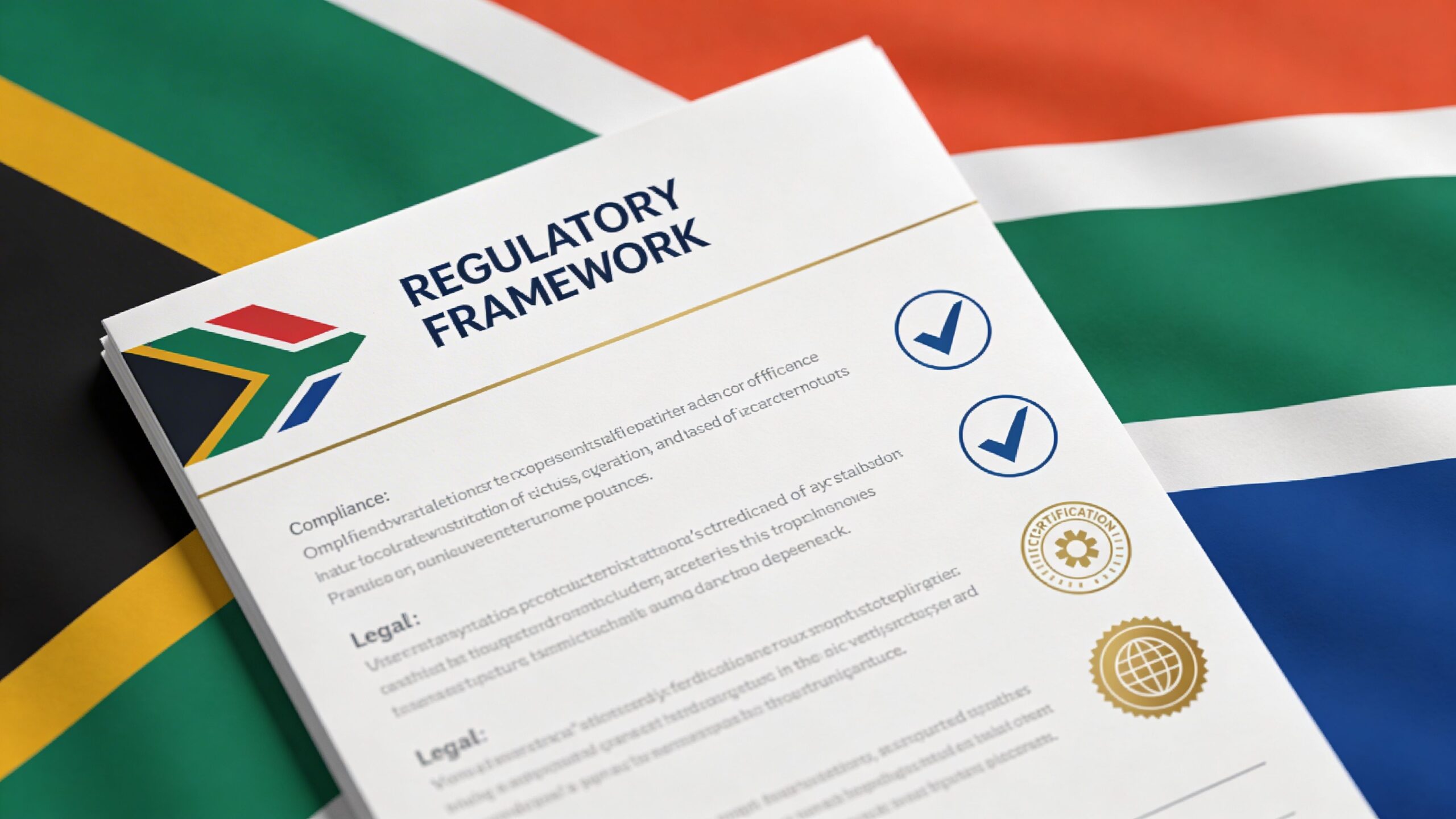 A document titled Regulatory Framework placed on a South African flag background, emphasizing legal compliance and certification.