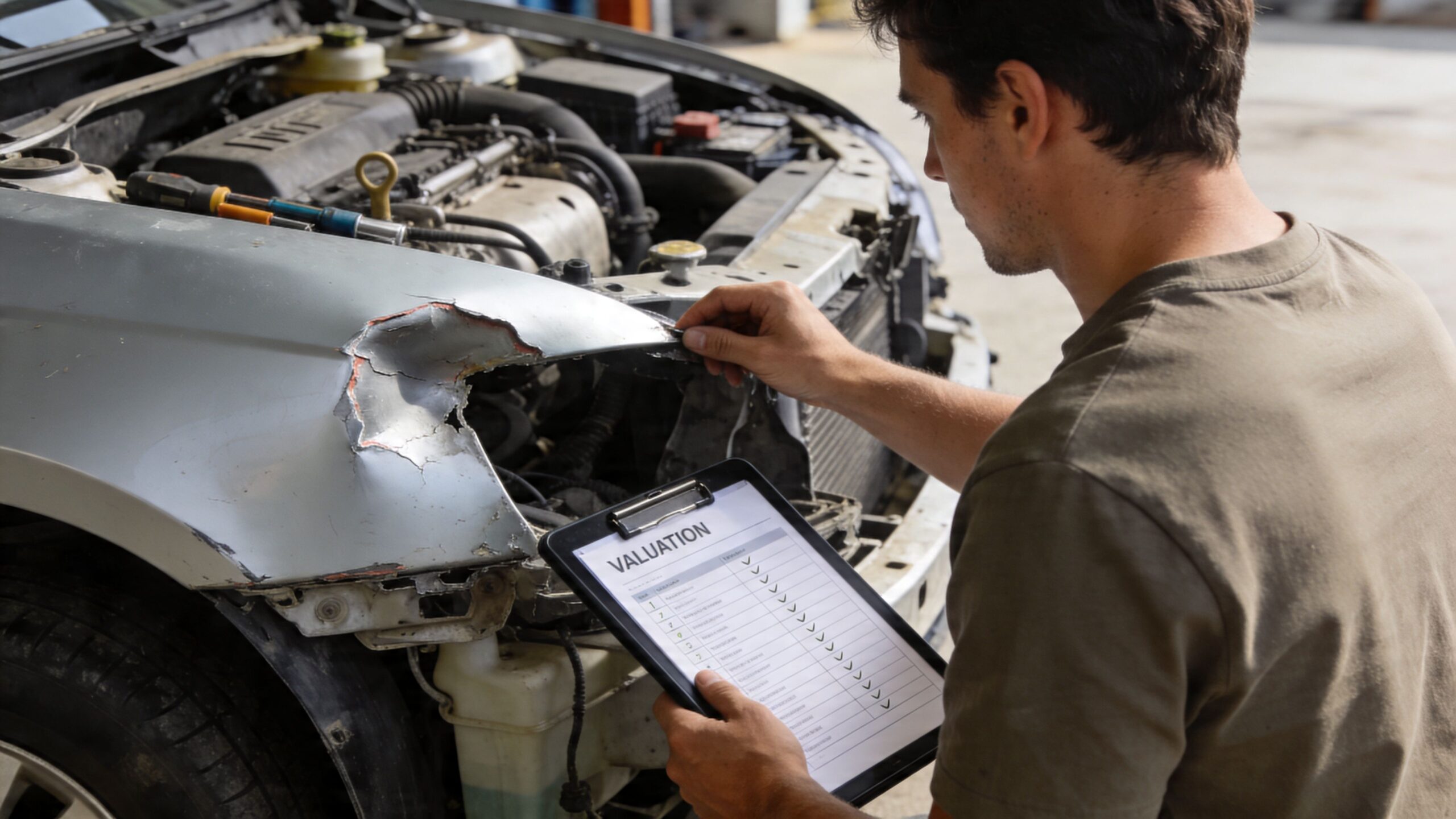 A car mechanic inspecting a damaged vehicle while reviewing a valuation checklist on a clipboard.