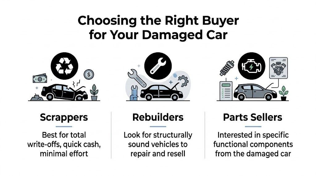 An infographic showing three types of buyers for damaged vehicles: scrappers, rebuilders, and parts sellers.