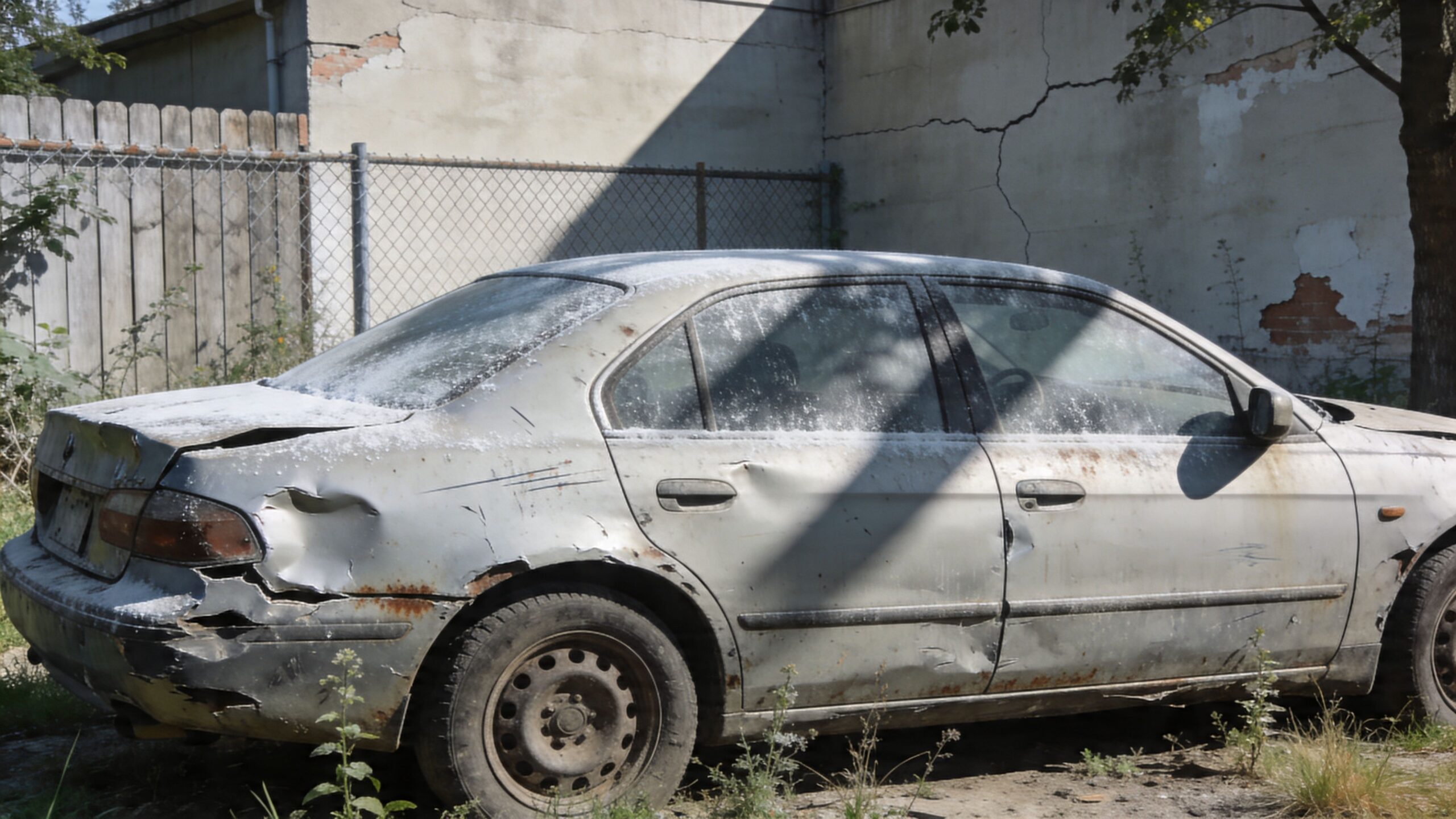 A silver abandoned car parked by a concrete wall with significant body damage and heavy rust corrosion.
