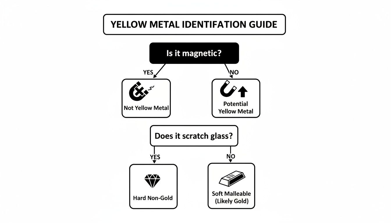 A flowchart guiding yellow metal identification using magnetic tests and scratch tests on glass.
