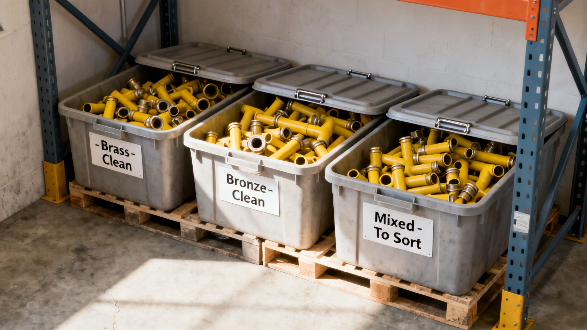 Three labeled bins on pallets sorting brass, bronze, and mixed metal parts in a warehouse.
