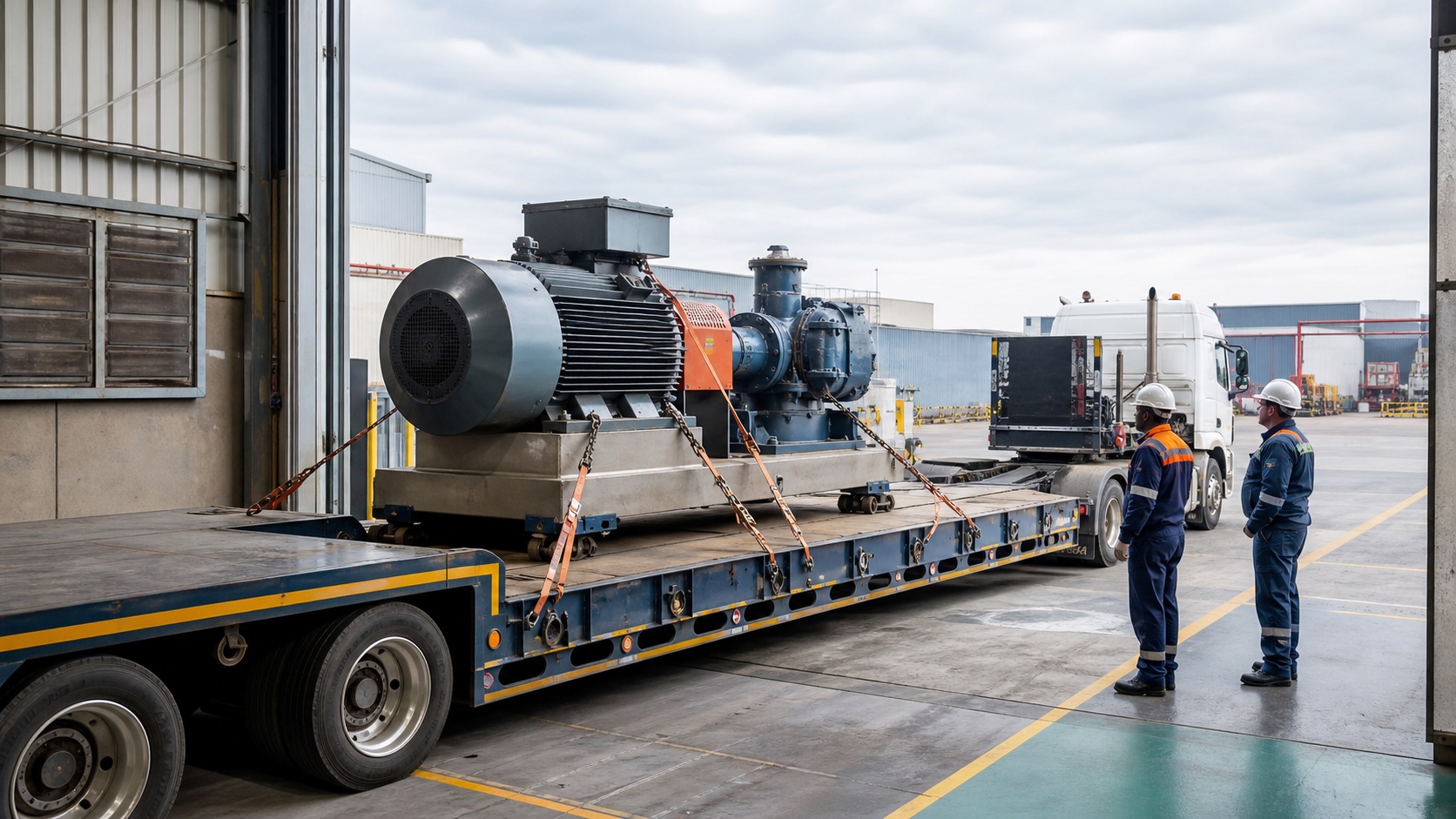 Industrial machinery removal South Africa equipment secured on a lowbed trailer