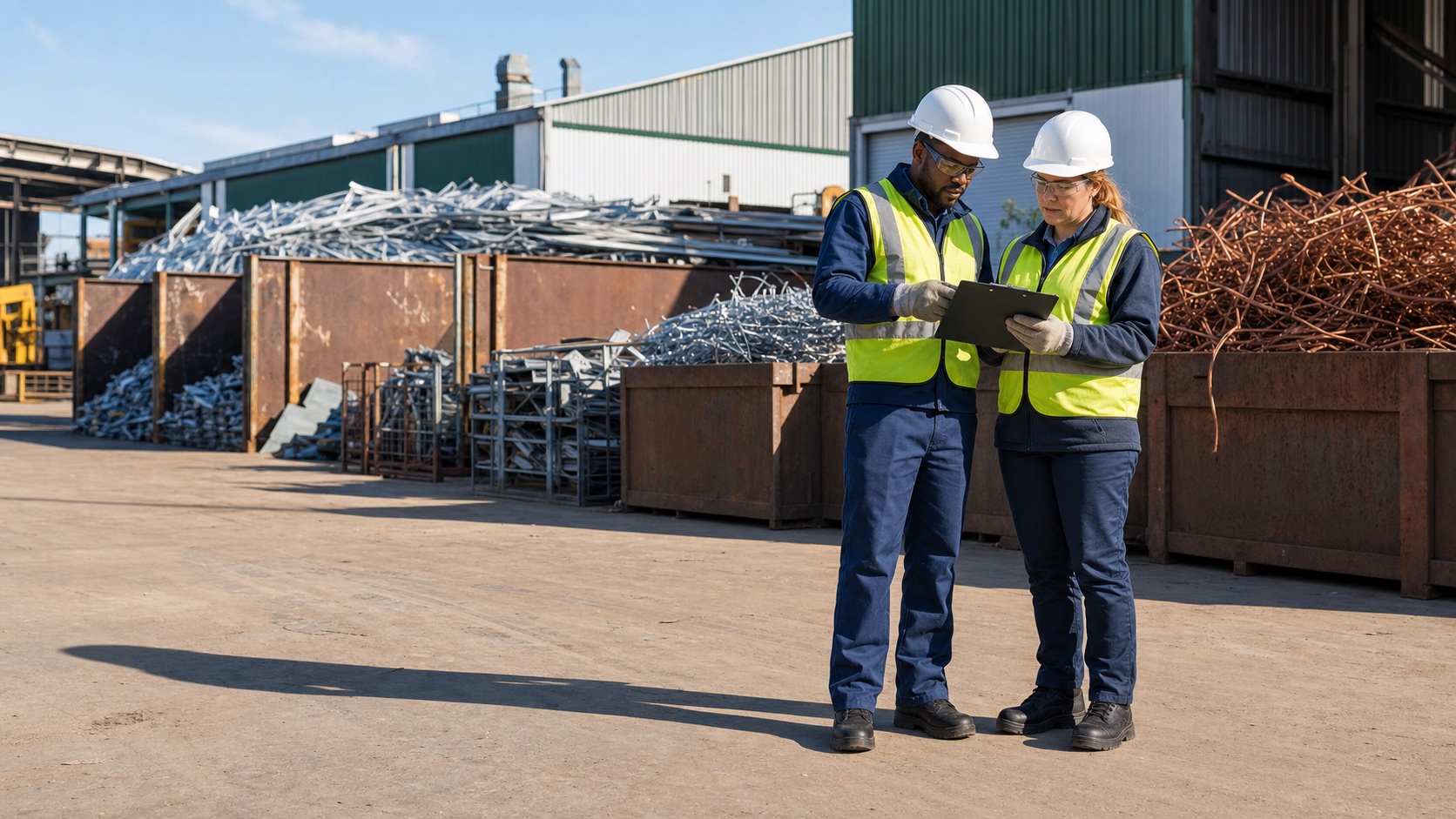 Industrial site manager and recycling specialist conducting a scrap metal site audit at a South African factory