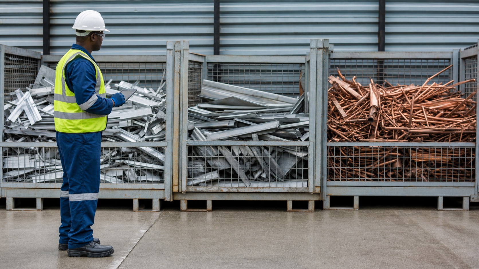 Safety officer inspecting separated aluminium, steel and copper scrap in industrial metal cages