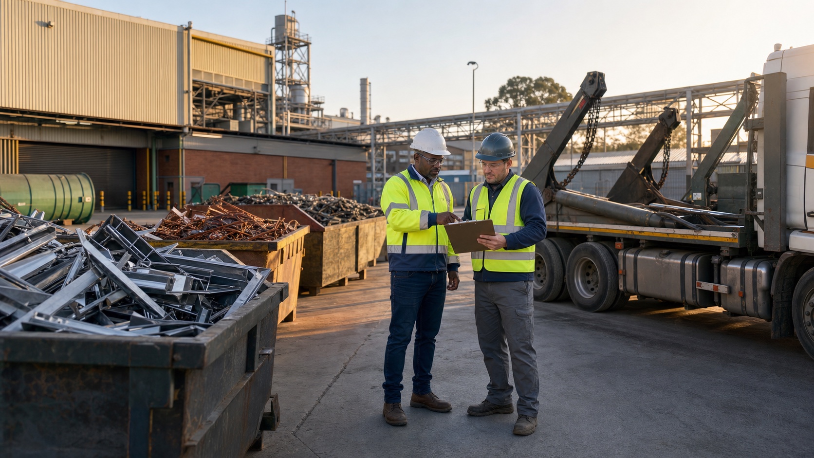 Facilities manager and recycling contractor reviewing a scrap metal collection SLA at an industrial site