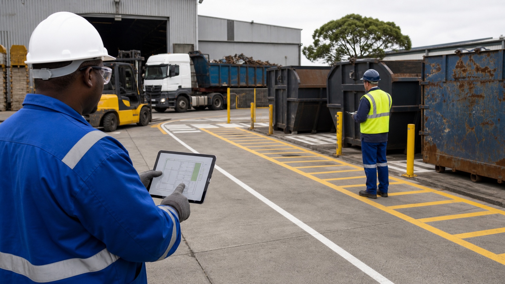 Industrial team reviewing safe scrap container placement and vehicle access at a factory yard