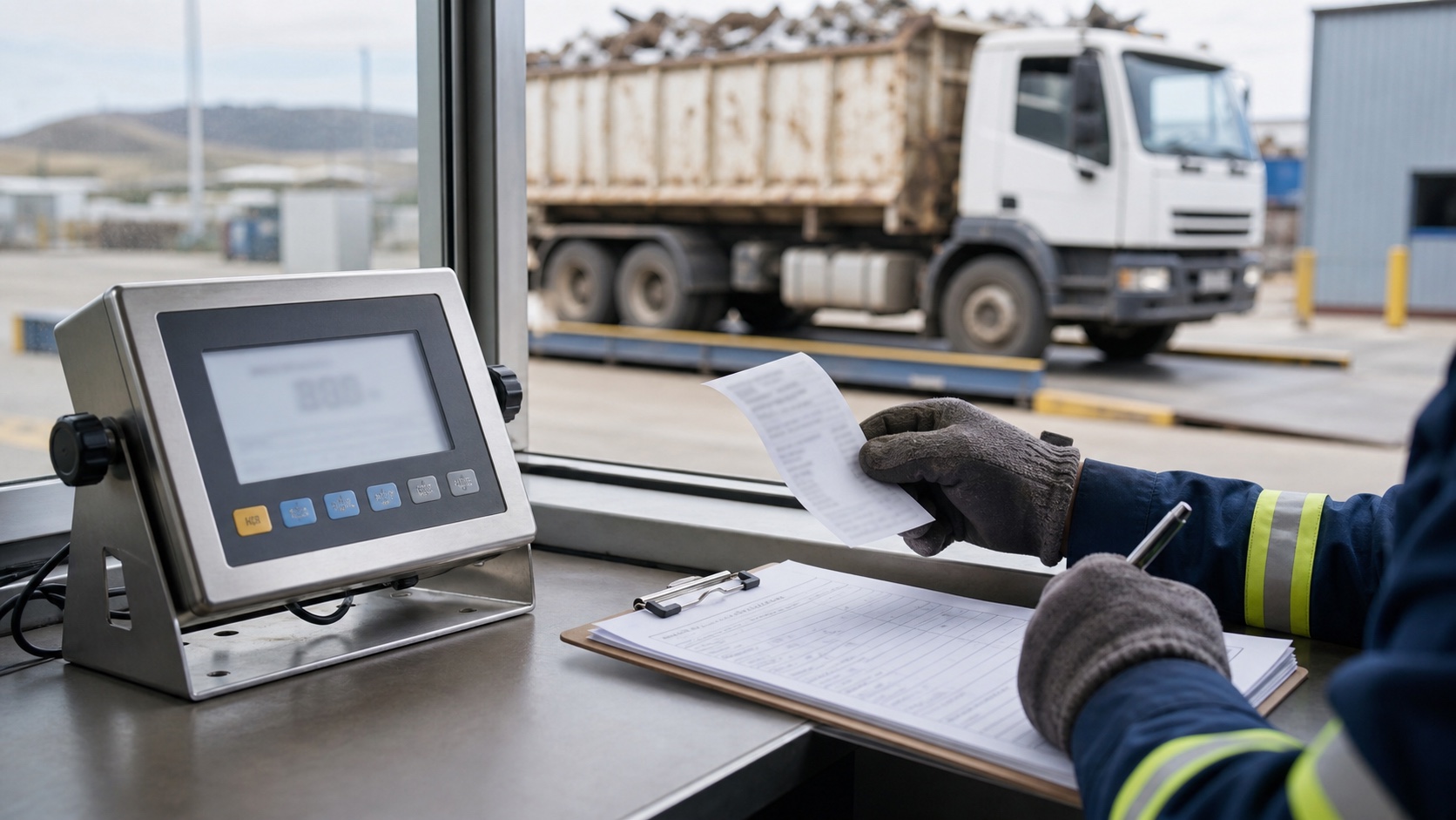 Weighbridge operator checking a scrap metal weight ticket and collection record