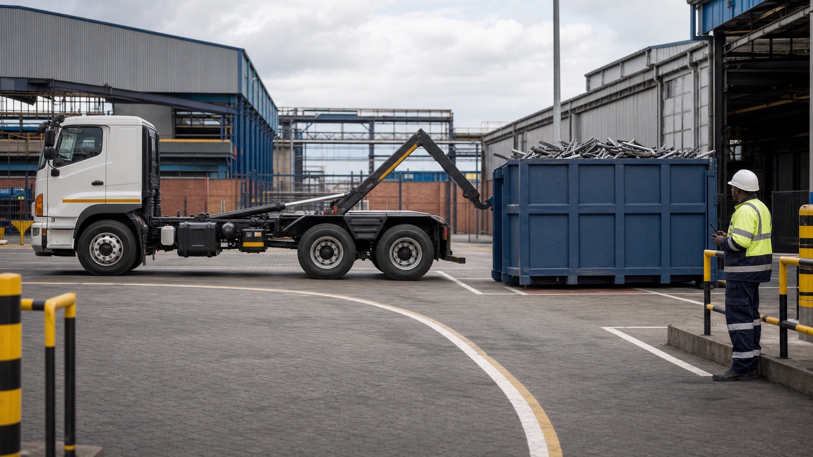 Hook-lift truck aligning safely with a roll-on scrap container in a marked industrial collection bay
