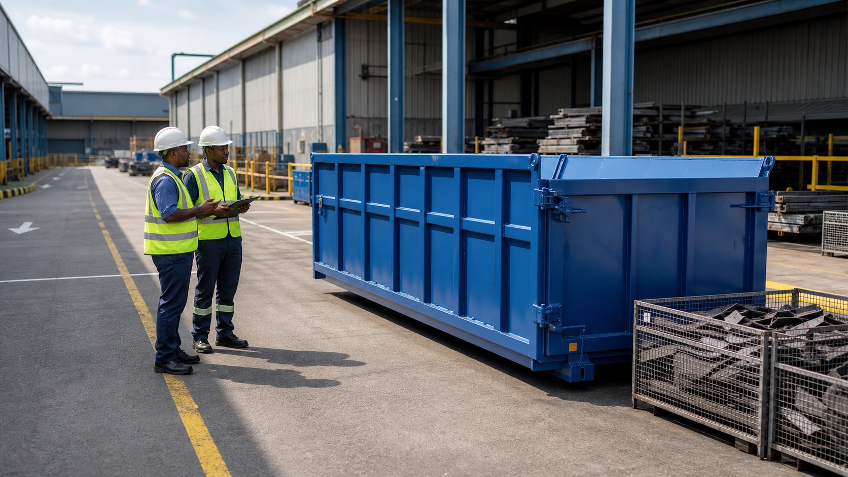 Facilities team selecting a scrap metal container and reviewing vehicle access at a South African factory